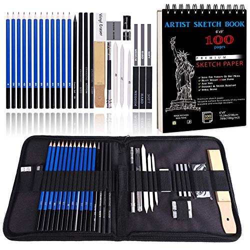 Love Art Drawing Pencil Set(34 pcs) - with 100 Sheets 9X6â€ Drawing Pad-  Premium Sketching & Drawing Pencil Kit in Zippered Travel