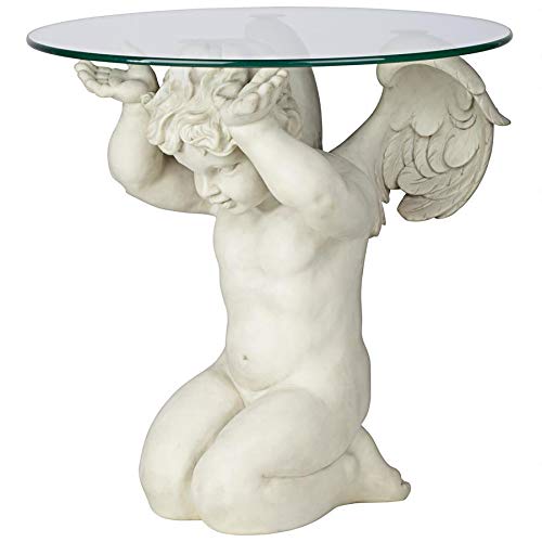 Design Toscano Cherubs Care Angelic Glass-Topped Sculptural Table, 21 inch, antique stone