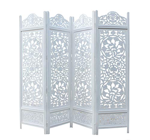 COTTON CRAFT Kamal The Lotus Antique White 4 Panel Handcrafted Wood Room Divider Screen 72x80, Intricately Carved on Both