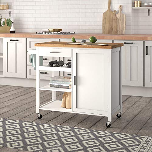 BELLEZE Rolling Kitchen Buffet Cart, Wood Utility Storage Island Cart with Wood Top, White