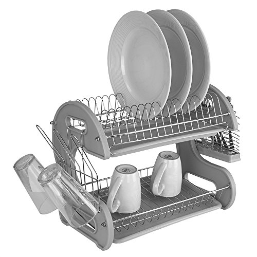 Home Basics Plastic 2-Tier Dish Drainer Rack (Grey)