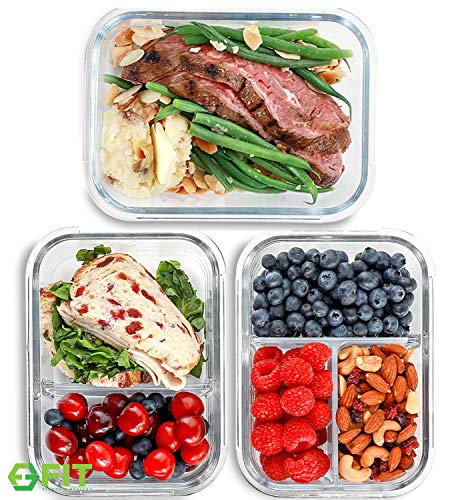 FIT Strong & Healthy 1 & 2 & 3 Compartment Glass Meal Prep Containers (3 Pack, 35 oz) - Glass Food Storage Containers with Lids, Glass Lunch Box,
