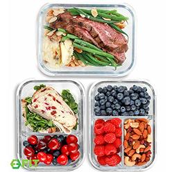 FIT Strong & Healthy 1 & 2 & 3 Compartment Glass Meal Prep Containers (3 Pack, 35 oz) - Glass Food Storage Containers with Lids, Glass Lunch Box,
