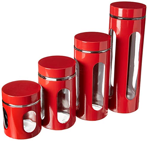 Home Basics 4-Piece Glass Canister Cylinder Set with Clear Window (Red)