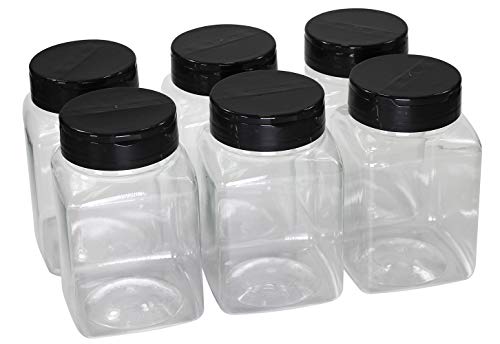 Pinnacle Mercantile Plastic Spice Jars 6-Pack Square Large 17 oz.Clear Containers Sifter Shaker Spoon Lid Refillable for