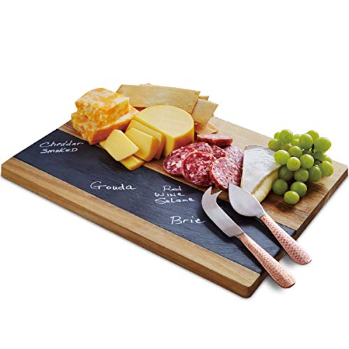 Refinery and Co. Solid Acacia Wood and Slate Meat and Cheese Board Set, Knives with Hammered Copper Finish Handles, Large