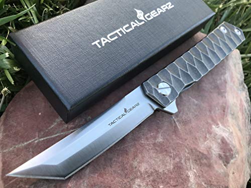 TACTICAL GEARZ TG Saint T, Tc4 Titanium EDC Folding Knife w/Sheath, Ball Bearing System, Razor Sharp CPM-D2 Steel Blade!