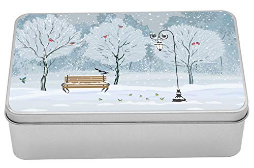 Ambesonne Christmas Tin Box, Snow Falling in The Park on a Cold Winter Day Birds Lanterns Xmas Season Picture, Portable
