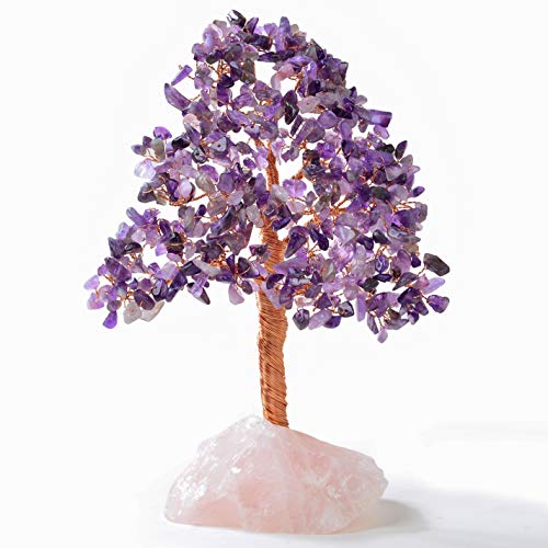 KALIFANO Premium Natural Amethyst Gemstone Chakra Crystal Tree with Rose Quartz Base with Healing Properties - Bonsai Feng