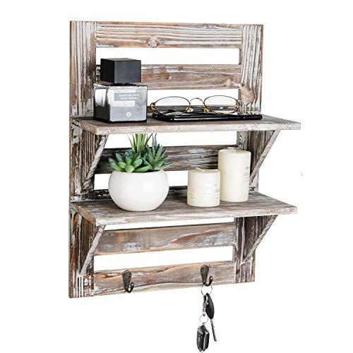 Liry Products Rustic Wooden Wall Mounted Shelves Iron Hooks Two-Tier Storage Rack Brown Torched Distressed Wood Display Shelf