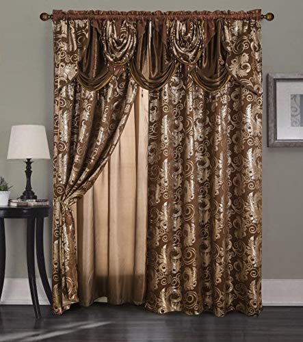 Golden Rugs Jacquard Luxury Curtain Window Panel Set Curtain with Attached Valance and Backing Bedroom Living Room Dining