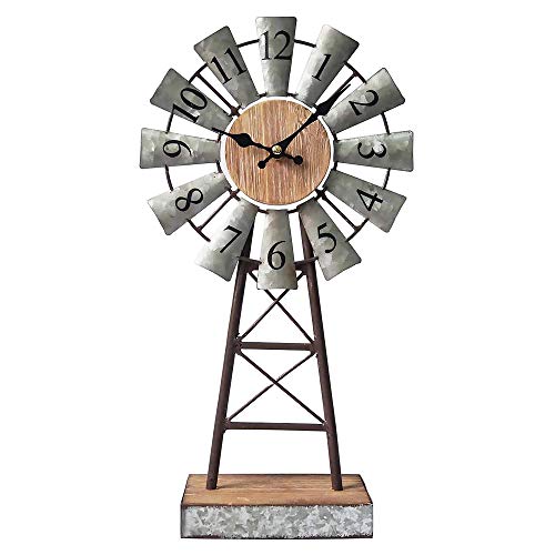 MODE HOME Galvanized Windmill Table Clock on Stand Vintage Desk Clock Decorative Farmhouse Kitchen Clock Mantle Clock
