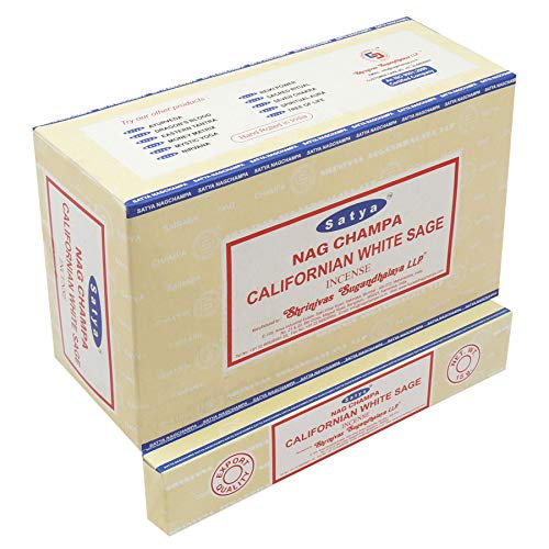 Satya Nag Champa Californian White Sage Incense Sticks Agarbatti 180 Grams Box | 12 Packs of 15 Grams Each in a Box | Export