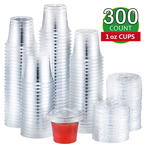 Eupako 1 oz Disposable Plastic Portion Cups with Lids 300 Sets, Jello Shot Cups, Condiment Cups with Lids, Souffle Cups,