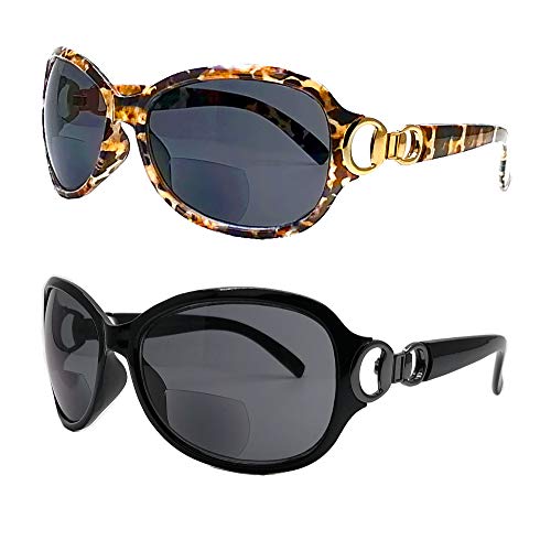 Apretyew 2 Pair Bifocal Reading Sunglasses for Women Metal Decoration Vintage Street Fashion UV Protection Oversize Reader Sunglasses