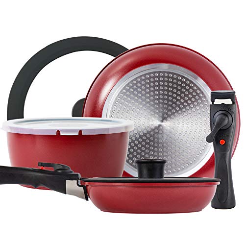 ROCKURWOK Cookware Set Pot and Pans with 2 Removable Handle, Nonstick, 3-Piece, Red