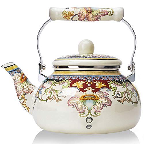 Alistar99 Floral Ceramic Enamel Teapot Tea Kettle for Stovetop,Large Porcelain Enameled Teakettle (white)