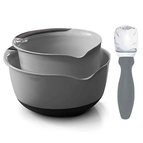 Gorilla Grip Mixing Bowl Set of 2 and Ice Cream Scoop, Both in Gray Color,  Mixing Bowls Include 5 QT and 3 QT Sizes