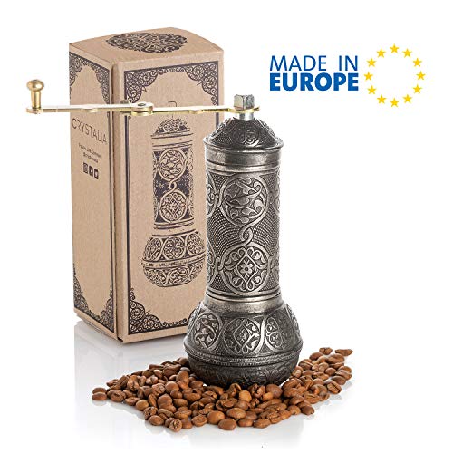 Crystalia Coffee Grinder, Refillable Turkish Style Mill with Adjustable Grinder, Manual Coffee Mill with Handle, Antique Grinder Metal