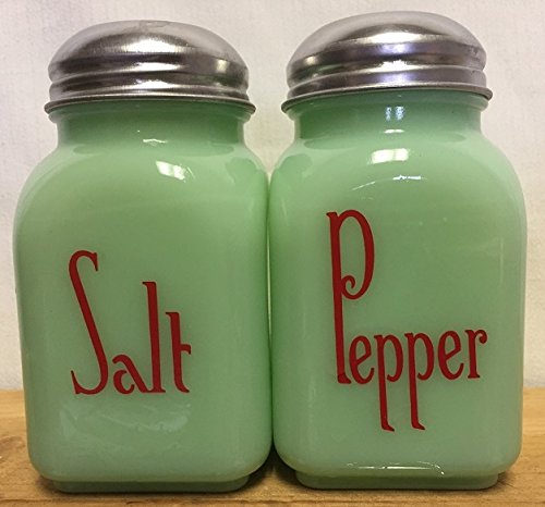 Rosso Glass Jade Jadeite Jadite Green Glass Square Stove Top Salt & Pepper Shaker Set - Old Fashion - Red Lettering