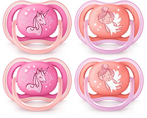 Philips AVENT Ultra Air Pacifier, 6-18 Months, Contemporary Decos, Pink/Peach, 4 Pack, SCF345/32
