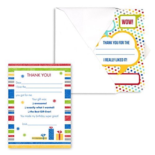 Canopy Street Dots and Stripes Kids Thank You Note Card Pack - Set of 20 fill in the blank cards with envelopes