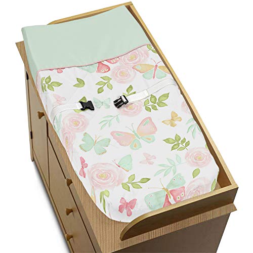 Sweet Jojo Designs Blush Pink, Mint and White Watercolor Rose Changing Pad Cover for Butterfly Floral Collection