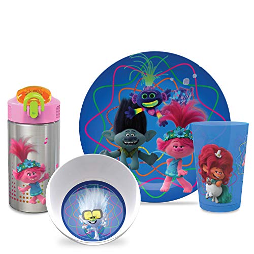Zak! Designs Zak Designs Dreamworks Trolls 2 Movie Poppy Branch Kids  BPA-Free Dinnerware Set Includes Plate, Bowl, Tumbler and Water