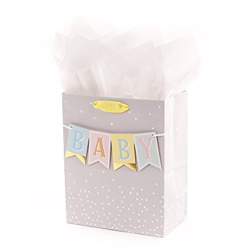 Hallmark 9" Medium Baby Gift Bag with Tissue Paper - Baby Banner in Grey, Pink and Blue for Baby Showers, New Parents, and