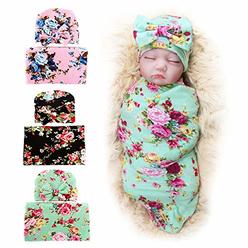 DRESHOW 3 Pack BQUBO Newborn Floral Receiving Blankets Newborn Baby Swaddling with Headbands or Hats Toddler Warm