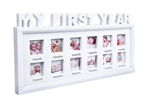 mickyu My First Year Baby Keepsake Frame for Photo Memories, 12 Months Picture Frames with Twelve 1.8", First Mothers Day Gift for