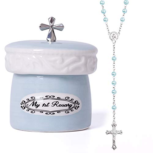 Jessie Saxton My First Rosary Cross for Boy Keepsake Box and Rosary Gifting Set, Blue