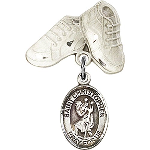 GOWA Sterling Silver Baby Badge with St. Christopher Charm and Baby Boots Pin 1 X 5/8 inches