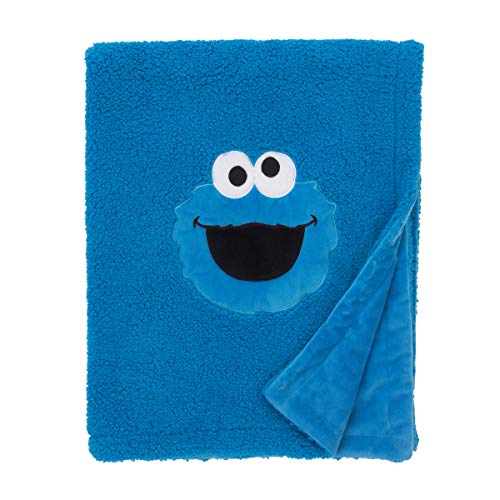 Sesame Street Cookie Monster Blue Soft Plush Sherpa Toddler Blanket with Applique, Blue, White, Black
