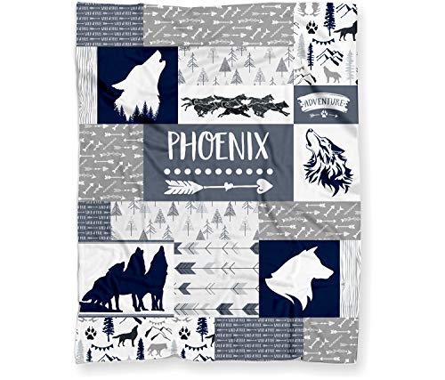Puddle Kickers Wolf Pack Baby Blanket for Boys, Personalized Gray Woodland Wolves Theme (Lightweight Minky Fleece - 30" x 40"