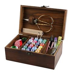 MissLytton Sewing Kit Box Basket, Wooden Hand Home Sewing Repair Tool Kit, Beginner Universal Sew Kit Accessories for Women,