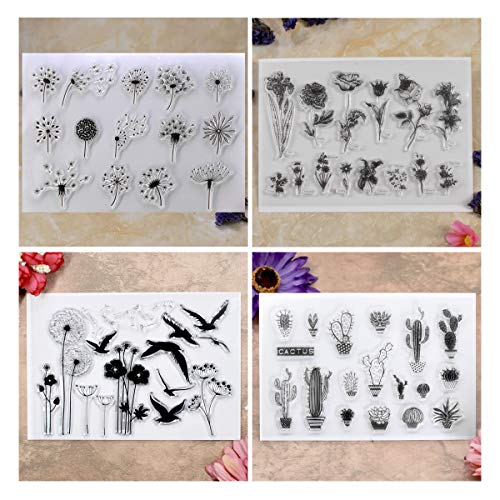 H5BH53F Kwan Crafts 4 Sheets Different Style Dandelion Cactus Flowers Clear  Stamps for Card Making Decoration and DIY Scrapbooking
