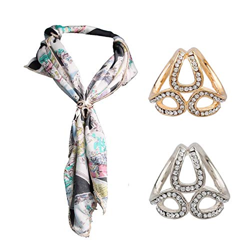 Natuworld 2PCS ThreeRings Rhinestone Silk Scarf Ring Scarves Buckle Fashion Scarf Clip Fastener