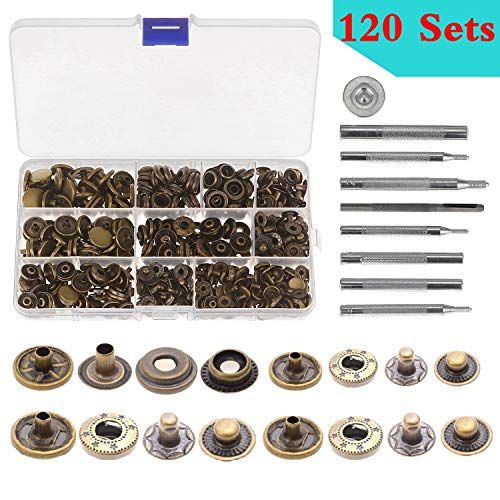Aiskaer 120 Sets Snap Fasteners Kit, Metal Snap Buttons Press Studs with 9 Pieces Fixing Tools, Bronze Clothing Snaps Kit for