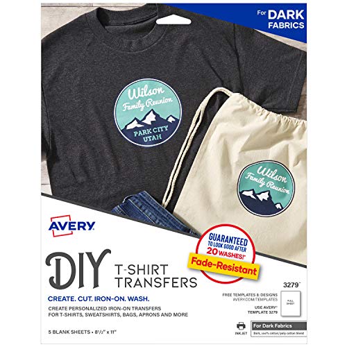 AVERY 5007278203279 Avery Printable T-Shirt Transfers, for Use On Dark Fabrics, Inkjet, 30 Paper Transfers (3279), 30 Sheets