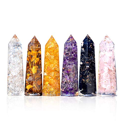 Ever Vibes Healing Crystal Wand Set of 6 Orgonite â€“ Includes 3â€ Amethyst Crystal, Tigers Eye, Rose Quartz, Black Tourmaline Stone,
