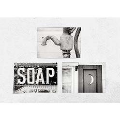 Lisa Russo Fine Art Black and White Bathroom Wall Decor Set of 3 5x7" Unframed Art Prints (Not Framed). Pitcher Pump, Outhouse Rustic Country