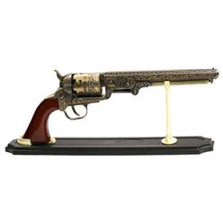 BladesUSA - Decorative Western Revolver with Display Stand - 13-inches Overall, Western Style Navy Revolver with Ornate Engravin