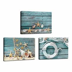 Biuteawal- 3 Piece Canvas Wall Art Starfish Shell on Teal Board Painting Prints Beach Nature Picture Canvas Artwork for Home