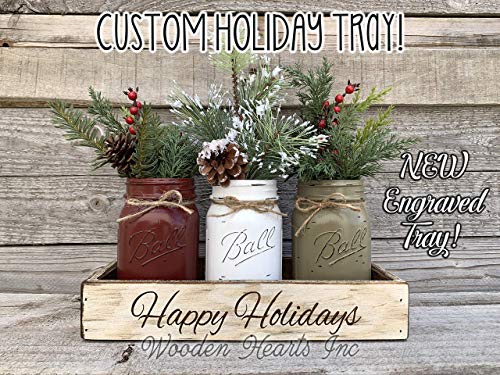 Wooden Hearts Custom ENGRAVED Wood Tray Mason Canning Pint Quart JARS & Florals Optional Christmas Centerpiece Kitchen Table Decor