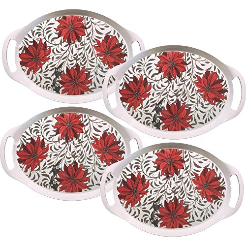 Regent Christmas Holiday 15" x 10" Poinsettia Plastic Decorative Party Serving Tray (4 Trays)