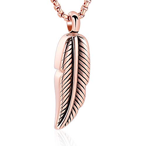 Oinsi Stainless Steel Feather Urn Necklace Hold Cremation Ashes Keepsake Memorial Jewelry +Box+Fill Kits (Rose Gold)