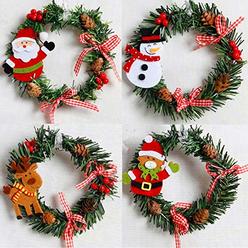 PiPaFox 4 Pcs Christmas Pine Wreaths, 6Inches Xmas Wreath for Front Door Christmas Holiday Indoor Home Decorations (Pine Wreath, Pack