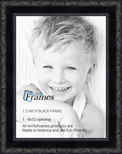 ArtToFrames 9x12 Inch Black Picture Frame, This 1.5" Custom Wood Poster Frame is Black Frame with engraved edges, for Your