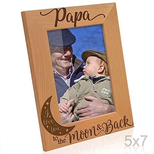 KATE POSH Papa I Love You to The Moon and Back Natural Wood Engraved Picture Frame. Best Grandpa Ever, Father's Day, Papa